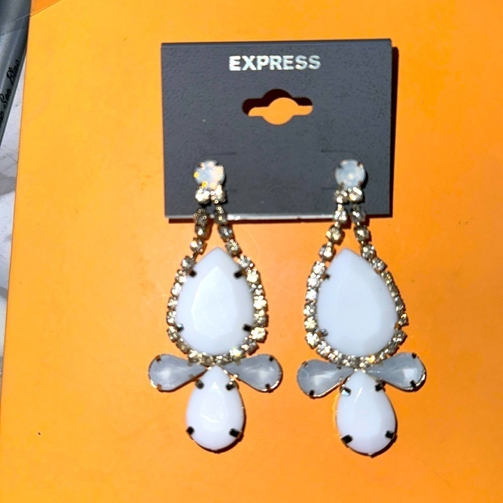 Express Silvertone Rhinestone and Milk White Earrings NWT
